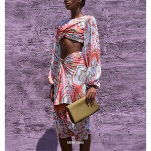 NWT Andrea Iyamah Behati Cropped Top & Wrap‎ Midi Skirt Set Coral  Size S